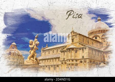 Watercolor painting of ancient monuments in Pisa, Italy, Europe Stock Photo