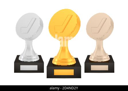 Winner hockey awards set, gold silver bronze trophy cups on stands with empty plates Stock Vector