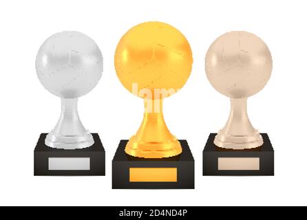 Winner volleyball awards set, gold silver bronze trophy cups on stands with empty plates Stock Vector