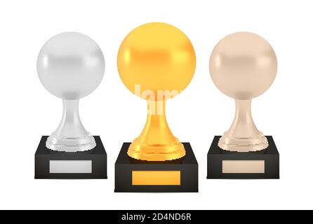 Winner sphere awards set, gold silver bronze trophy cups on stands with empty plates Stock Vector
