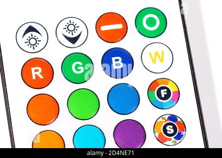 RGB color led lights system remote control closeup. Red, green and blue light switches, buttons for adjusting hue and brightness of the lightbulbs Stock Photo