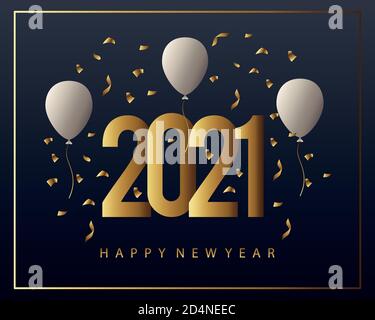 happy new year 2021 golden lettering with balloons helium and confetti vector illustration design Stock Vector
