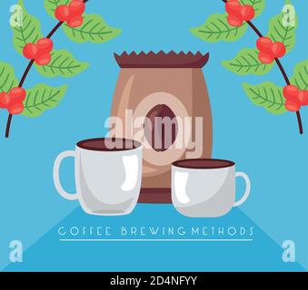 coffee brewing methods poster with bag and cups vector illustration design Stock Vector