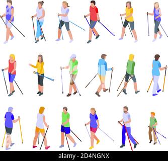 Nordic walking icons set, isometric style Stock Vector