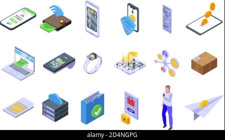 Mobile payment icons set, isometric style Stock Vector