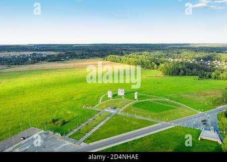 DUBOSEKOVO, Moscow region, Russia - 20 August 2020. Top view of the Memorial Panfilov Heroes dedicated to 28 soldiers of the Red Army. A large stone s Stock Photo