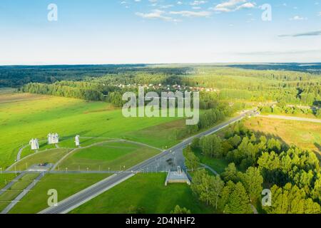 DUBOSEKOVO, Moscow region, Russia - 20 August 2020. Top view of the Memorial Panfilov Heroes dedicated to 28 soldiers of the Red Army. A large stone s Stock Photo