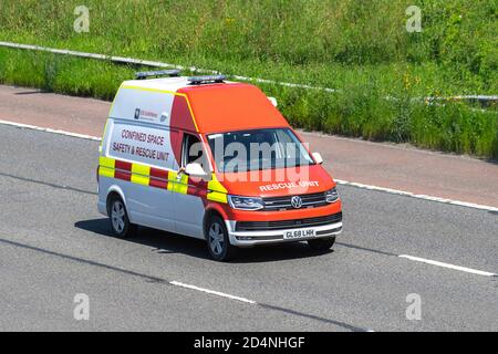 Confined Space Safety & Rescue Unit; Vehicular traffic, moving vehicles, cars, ESS Safeforce 2018 VW Volkswagen Tr-Porter T32 H-Ln Tdibmt, vehicle driving on UK roads, motors, motoring on the M6 motorway highway UK road network. Stock Photo