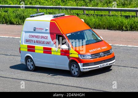 Confined Space Safety & Rescue Unit; Vehicular traffic, moving vehicles, cars, ESS Safeforce 2018 VW Volkswagen Tr-Porter T32 H-Ln Tdibmt, vehicle driving on UK roads, motors, motoring on the M6 motorway highway UK road network. Stock Photo