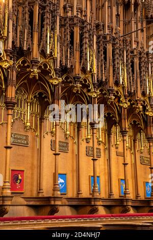 UK, England, Yorkshire, York Minster, Quire, wooden Choir stalls Stock Photo