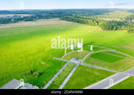 DUBOSEKOVO, Moscow region, Russia - 20 August 2020. Top view of the Memorial Panfilov Heroes dedicated to 28 soldiers of the Red Army. A large stone s Stock Photo