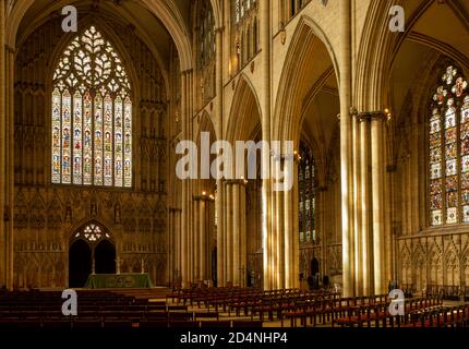 UK, England, Yorkshire, York Minster, Nave and West Window Stock Photo