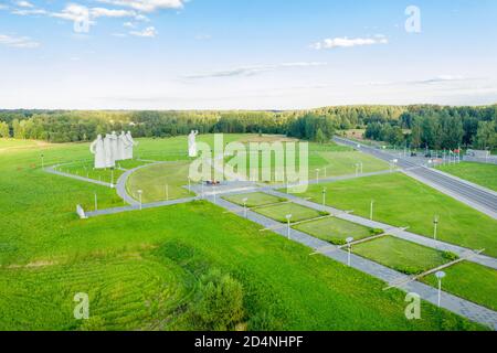 DUBOSEKOVO, Moscow region, Russia - 20 August 2020. Top view of the Memorial Panfilov Heroes dedicated to 28 soldiers of the Red Army. A large stone s Stock Photo