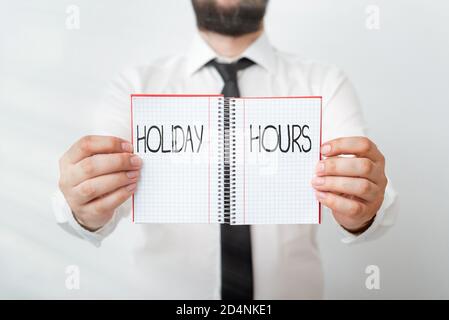 Word writing text Holiday Hours. Business photo showcasing employee receives twice their normal pay for all hours Model displaying different empty col Stock Photo
