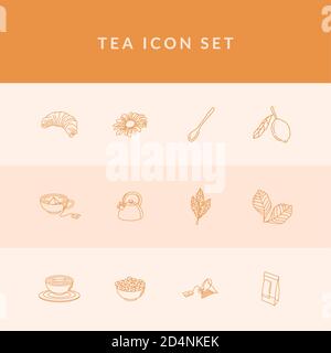 Tea line style 12 icon set design, Time drink breakfast and beverage theme Vector illustration Stock Vector