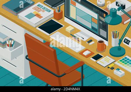 3D illustration. Professional web designer workstation in the office: isometric desktop with computer and work tools Stock Photo