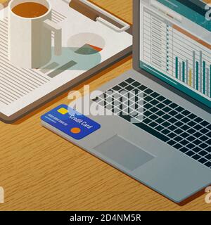 3D illustration. Laptop displaying a financial chart, credit card and business report: finance and online banking concept Stock Photo