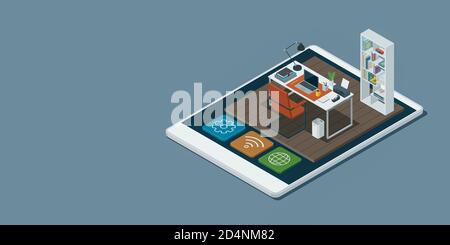 Miniature business office on a smartphone display, workspace and remote working concept, isometric 3D illustration Stock Photo