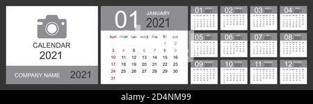 Calendar 2021. Desk calendar template. Set of 12 months, planner, week starts on sunday. Isolated vector illustration Stock Vector