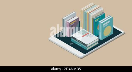isometric 3d online reading concept with books or ebooks for website ...