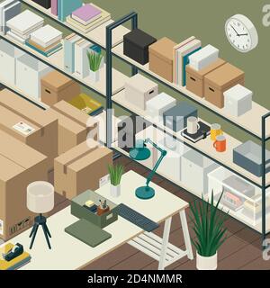 Office relocation and organization: office interior with desk, shelves and cardboard boxes, isometric 3D illustration Stock Photo