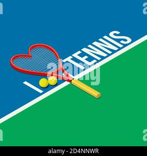 I love tennis: heart shaped racket and balls 3D illustration Stock Photo