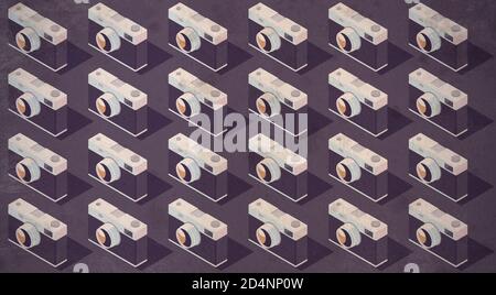 Repetition of identical isometric camera, photography background, 3D illustration Stock Photo