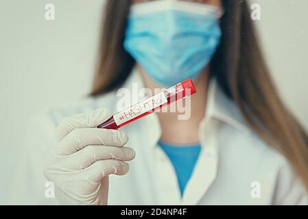 Text sign showing Hashtaghashtag. Business photo text word preceded by a hash sign hashtag on social media websites Laboratory blood test sample shown Stock Photo