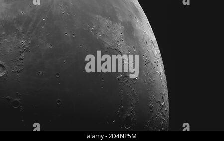 London, UK. 10 October 2020. Detailed images of the Moon are captured in very clear sky with no light pollution before dawn, and before clouds roll in after sunrise. Image: Montes Jura, in an arc around Sinus Iridum and Mare Imbrium. Credit: Malcolm Park/Alamy Stock Photo