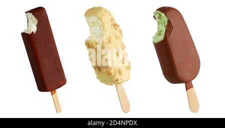 Bitten dark, white and milk chocolate glazed ice cream bars on a stick; isolated on white background; full depth of field Stock Photo