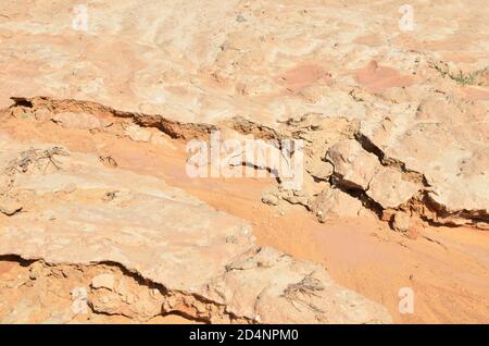 Shattered sand in the ground as a result of heavy torrential rains. Dry cracked soil of the earth due to climate change. Background or texture of the Stock Photo