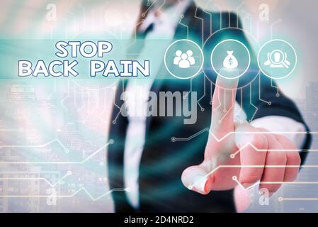 Writing note showing Stop Back Pain. Business concept for put an end on the pain felt in the low or upper back System administrator control, gear conf Stock Photo