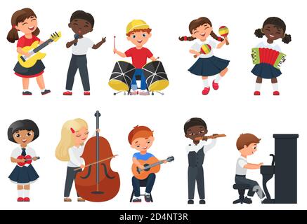 Children play music vector illustration. Cartoon flat cute kid musician character collection with funny child singing and playing musical instruments guitar cello piano drum flute isolated on white Stock Vector