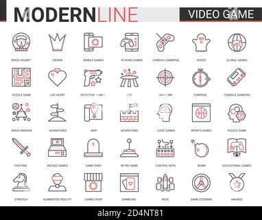 Video game thin red black line icon vector illustration set with outline entertainment mobile app symbols collection with devices and gadgets for gamers, vr glasses for gaming in augmented reality Stock Vector