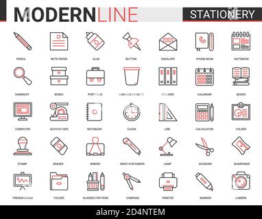Stationery thin red black line icon vector illustration set. Linear school and business office supplies symbols collection with pen pencil scissors folder glue calculator calendar notebook book folder Stock Vector