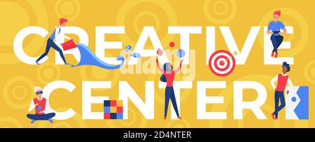 Creative center concept vector illustration. Cartoon flat people work with vr glasses or laptop, create ideas, research success startup in office creativity studio, creating service design background Stock Vector