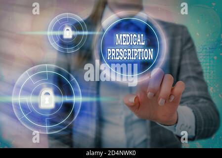 Text sign showing Medical Prescription. Business photo showcasing healthcare program implemented by a physician Graphics padlock for web data informat Stock Photo