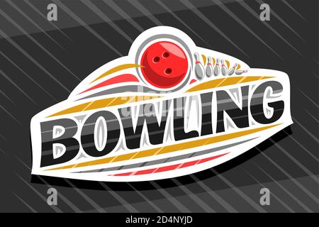 Vector logo for Bowling Sport, white modern emblem with illustration of flying ball in goal, unique lettering for black word bowling, sports sign with Stock Vector
