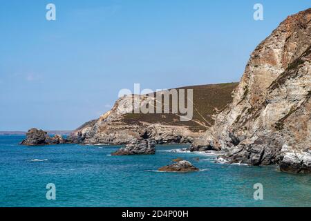 Looking across Trevaunance Cover to Trevellas Porth, St Agnes, North Cornwall, UK. Stock Photo