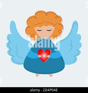 Colored version of cute angel with wings and heart Icon. Hand drawn flat sketch line design. Black stroke line, in blue colors Stock Vector