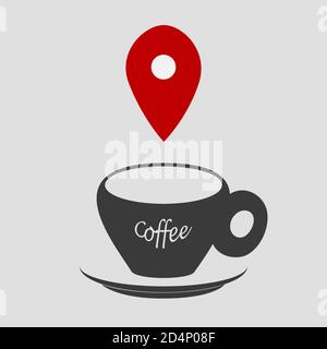 Set of icons Coffee cup and geo position mark in black, grey, red colors. Stock Vector