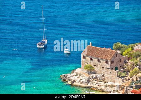 Sailing in hidden cove of Dubovica on Hvar island aerial view, Dalmatia archipelago of Croatia Stock Photo