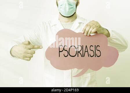 Writing note showing Psoriasis. Business concept for chronic skin disease characterized by patches with white scales Laboratory Technician Featuring S Stock Photo