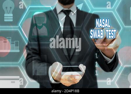 Writing note showing Nasal Swab Test. Business concept for diagnosing an upper respiratory tract infection through nasal secretion Grids and different Stock Photo