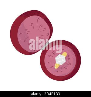 Golden ring with diamond in opened red case. Vector illustration of  bridal ring in box in cartoon flat style, isolated on white background. Top down Stock Vector