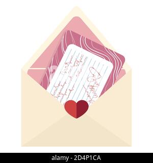 Love letter for Valentines Day. Opened envelope with hearts and pink greeting card. Modern flat cartoons style. Cute isolated illustrated element for Stock Vector