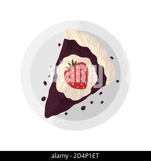 A slice of cake on a plate vector clip art in cartoon flat design. Cute dessert with strawberry and chocolate. Vector illustration isolated on white b Stock Vector