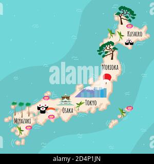 Cartoon map of Japan. Travel illustration with landmarks, buildings, food and plants. Funny tourist infographics. National symbols. Famous attractions Stock Vector