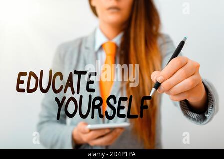 Word writing text Educate Yourself. Business photo showcasing prepare oneself or someone in a particular area or subject Model displaying different sh Stock Photo