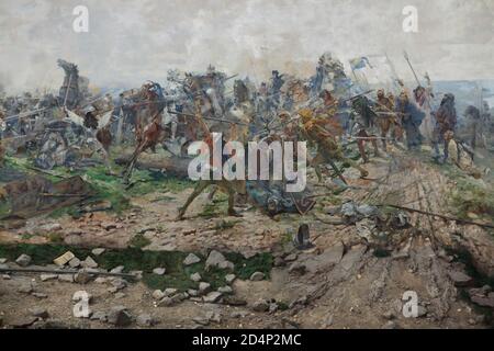 Battle of Lipany on 30 May 1434 depicted in the gigantic panorama created by Czech painter Luděk Marold with assistance of Václav Jansa, Ludvík Vacátko, Karel Rašek, Theodor Hilšer and Karel Štapfer (1898), now on display in the Maroldovo panoráma (Marold's Panorama) in Prague, Czech Republic. Bohemian noblemen John George of Švamberk (Jan Jiří ze Švamberka), Meinhard of Neuhaus (Menhart z Hradce), Přibík of Klenau (Přibik z Klenové) and Aleš Vřešťovský of Rýzmburk (Aleš Vřešťovský z Rýzmburka) as the leaders of the Bohemian League are depicted attacking in the detail. Stock Photo